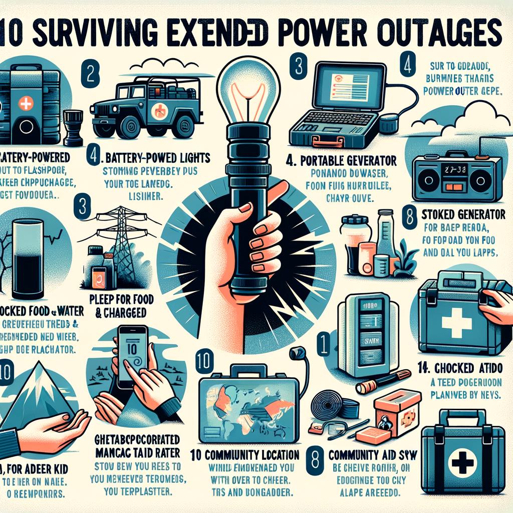 Bullet-point summary of 10 Essential Tips for Surviving Extended Power Outages against a stormy background